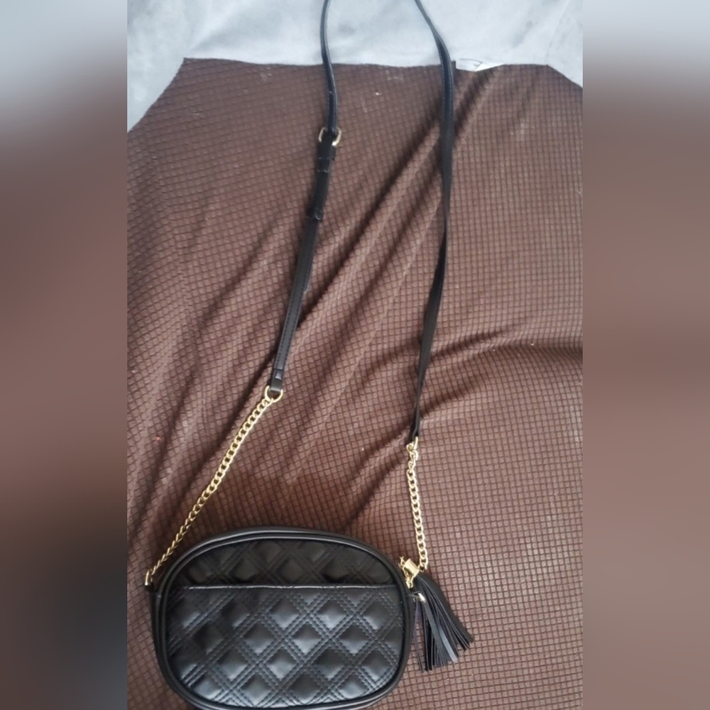 Black Quilted Crossbody Shoulder Bag with Gold Chain Strap